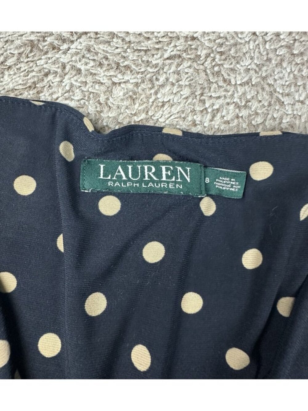 Lauren Ralph Faux Wrap Dress Size 8 Navy Blue & Tan Polka Dot Flutter Sleeves - Picture 8 of 11